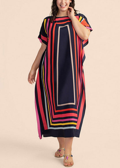 Elegant O-Neck Striped Patchwork Side Open Maxi Beach Dresses Short Sleeve LY3034 - fabuloryshop