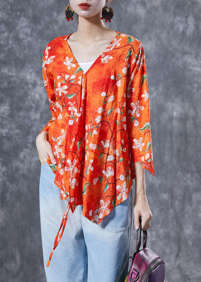 Elegant Orange Flower Print Lace Up Cotton Shirt Tops Bracelet Sleeve LY4080 - fabuloryshop