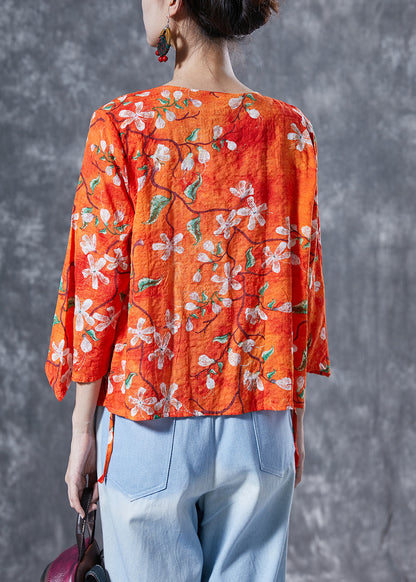 Elegant Orange Flower Print Lace Up Cotton Shirt Tops Bracelet Sleeve LY4080 - fabuloryshop