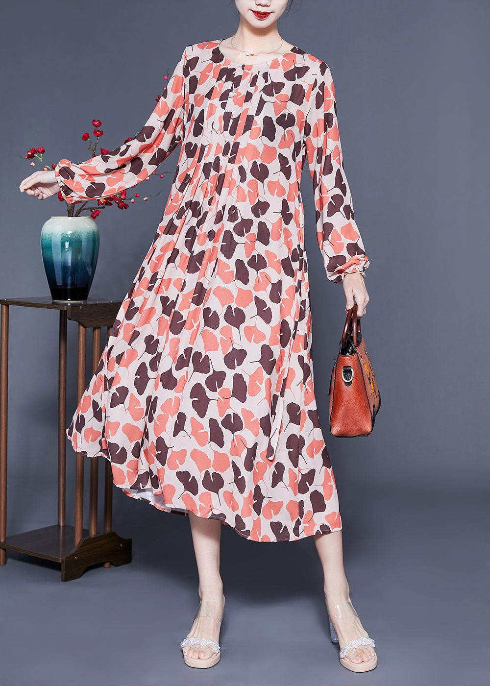 Elegant Orange Oversized Print Exra Large Hem Silk Pleated Dress Spring LC0407 - fabuloryshop