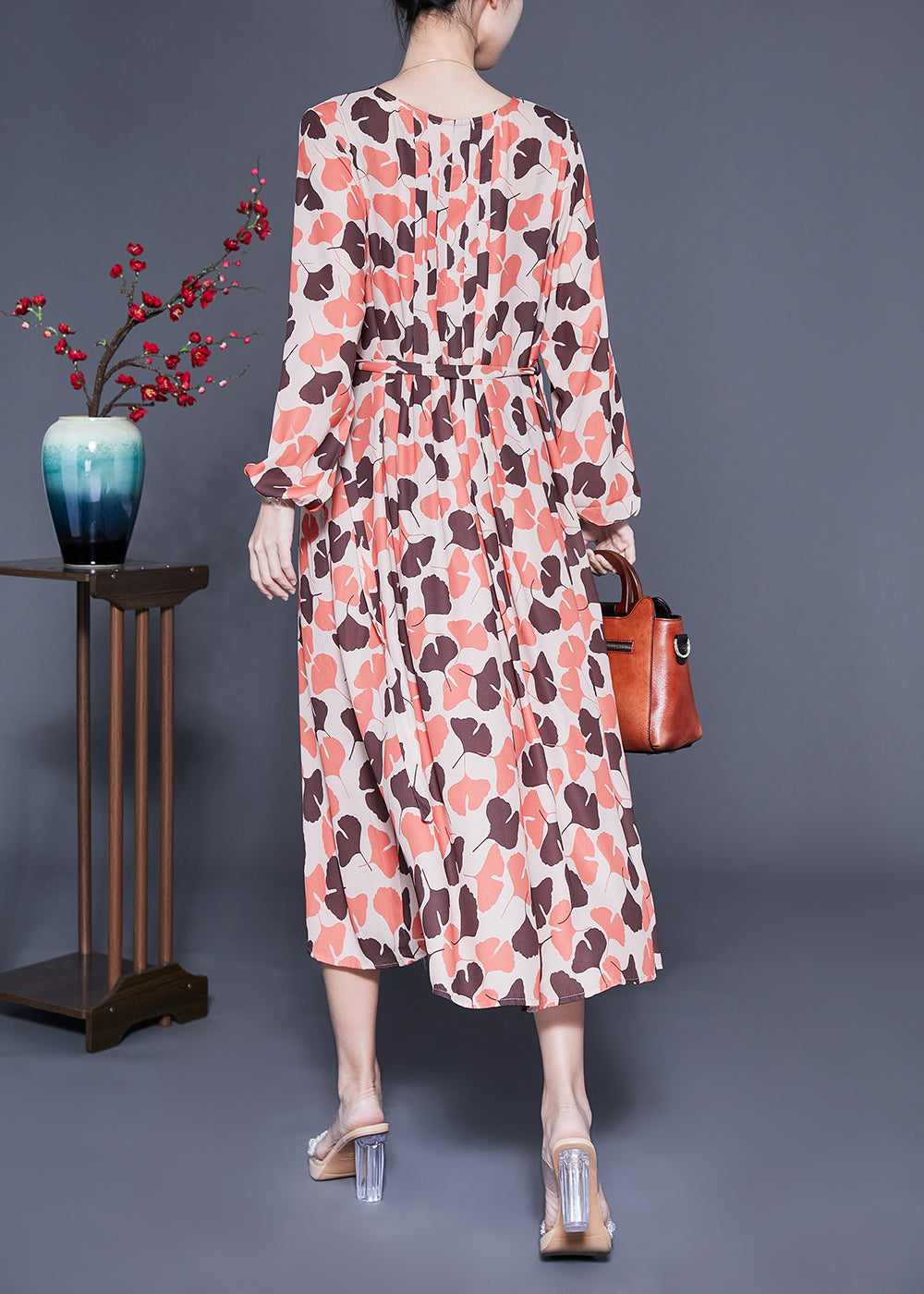 Elegant Orange Oversized Print Exra Large Hem Silk Pleated Dress Spring LC0407 - fabuloryshop