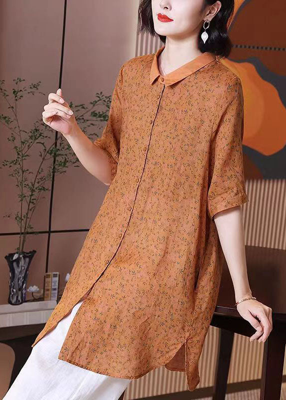 Elegant Orange Peter Pan Collar Print Patchwork Linen Shirts Top Summer TP1011