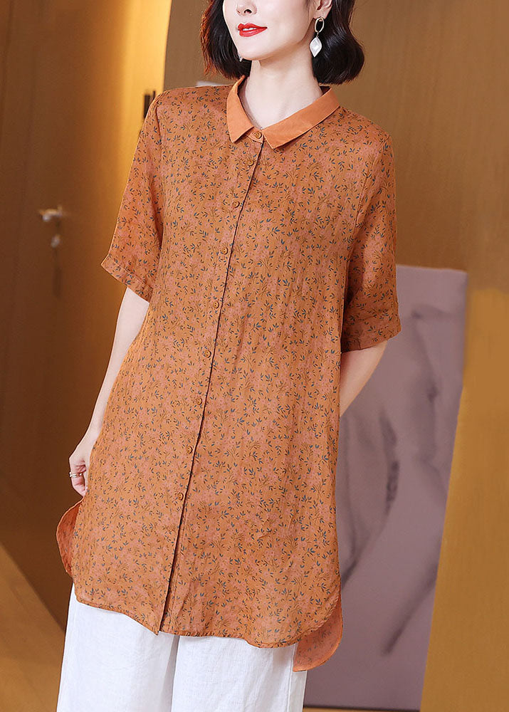 Elegant Orange Peter Pan Collar Print Patchwork Linen Shirts Top Summer TP1011 - fabuloryshop