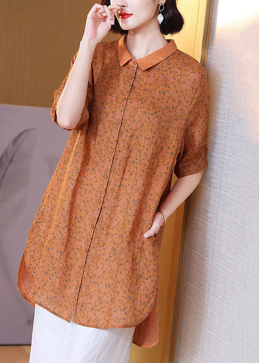 Elegant Orange Peter Pan Collar Print Patchwork Linen Shirts Top Summer TP1011 - fabuloryshop