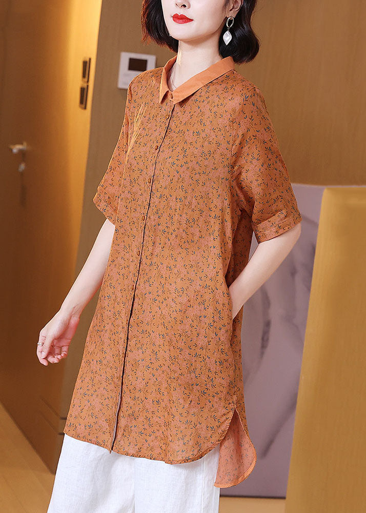 Elegant Orange Peter Pan Collar Print Patchwork Linen Shirts Top Summer TP1011 - fabuloryshop