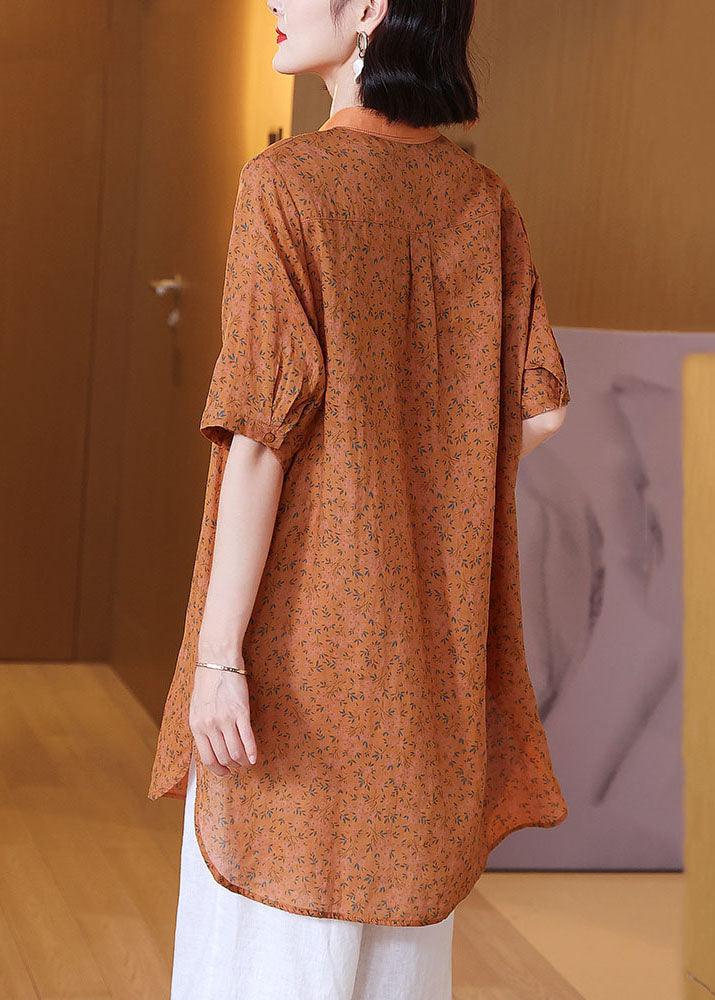 Elegant Orange Peter Pan Collar Print Patchwork Linen Shirts Top Summer TP1011 - fabuloryshop