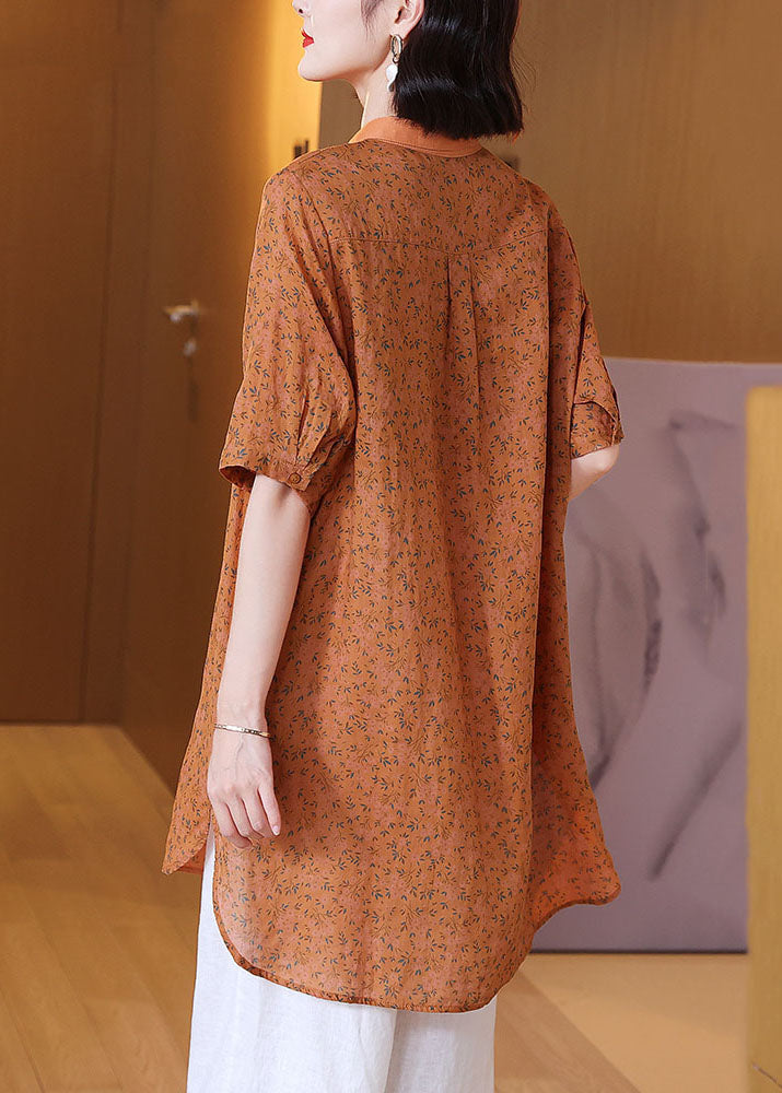 Elegant Orange Peter Pan Collar Print Patchwork Linen Shirts Top Summer LY6953 Ada Fashion
