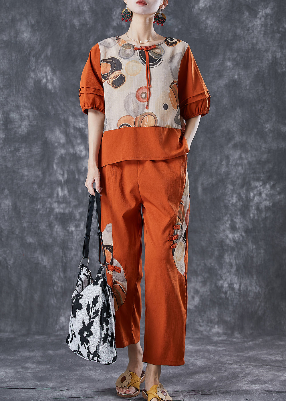 Elegant Orange Print Patchwork Cotton Two Pieces Set Summer Ada Fashion