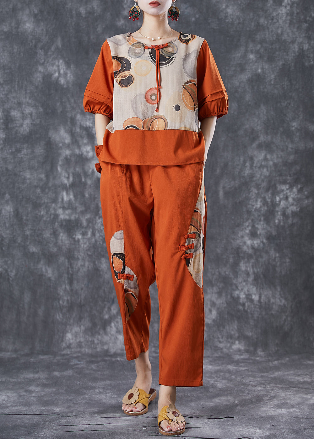 Elegant Orange Print Patchwork Cotton Two Pieces Set Summer Ada Fashion