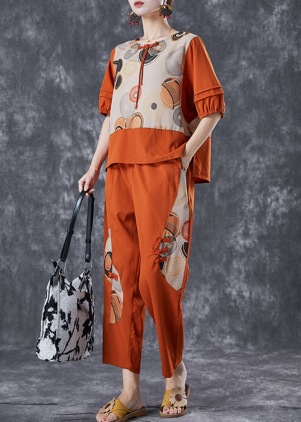 Elegant Orange Print Patchwork Cotton Two Pieces Set Summer Ada Fashion
