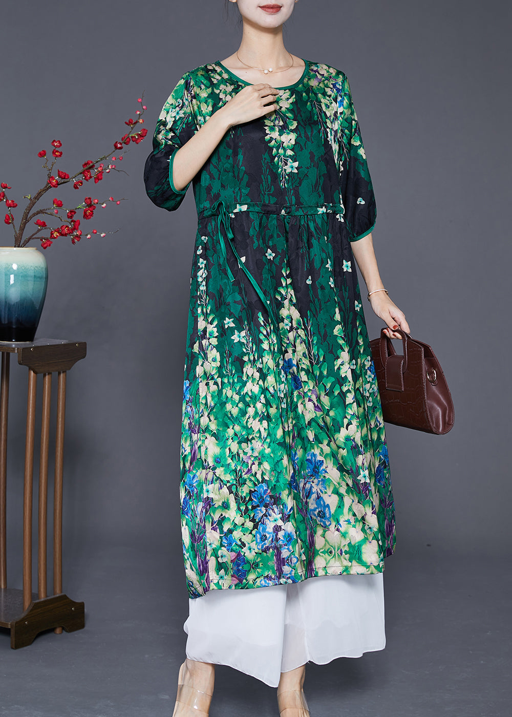 Elegant Oversized Cinched Wear On Both Sides Silk Long Dresses Summer Ada Fashion