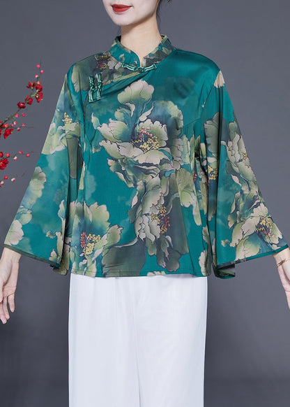 Elegant Peacock Green Mandarin Collar Print Silk Top Flare Sleeve LY1771 - fabuloryshop