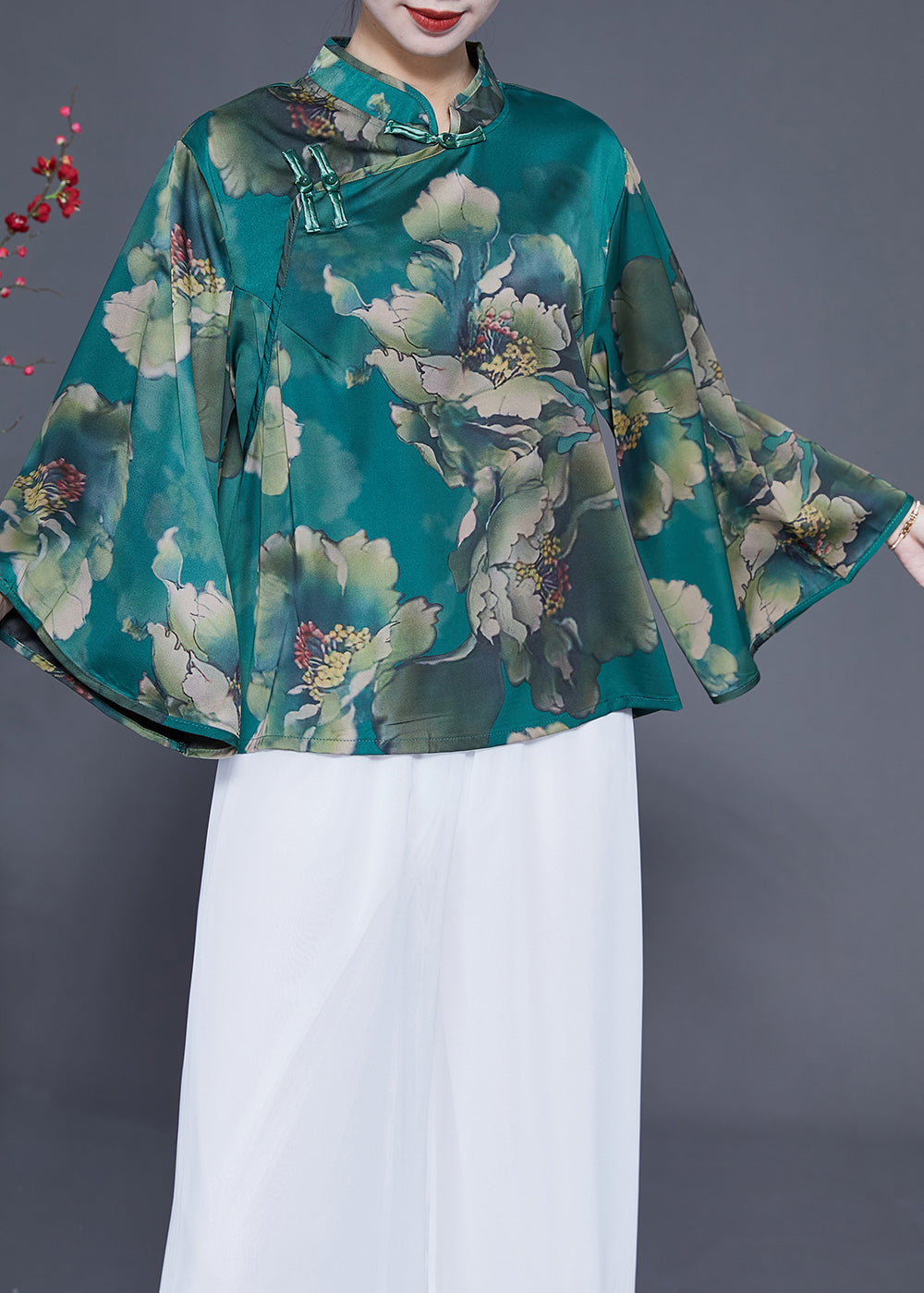 Elegant Peacock Green Mandarin Collar Print Silk Top Flare Sleeve LY1771 - fabuloryshop