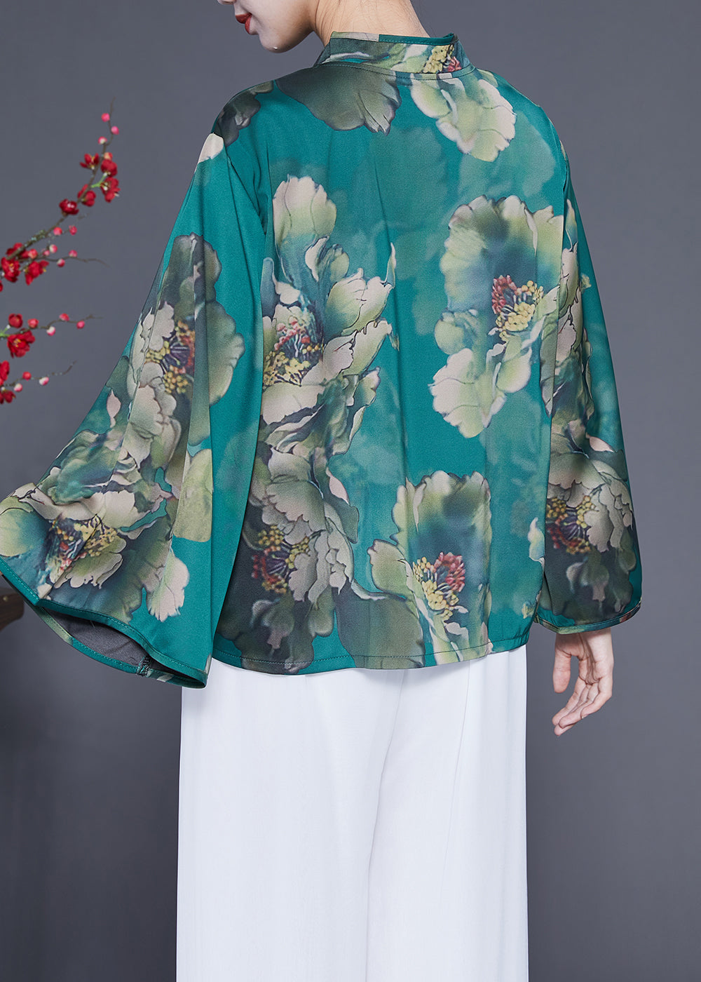 Elegant Peacock Green Mandarin Collar Print Silk Top Flare Sleeve LY1771 - fabuloryshop