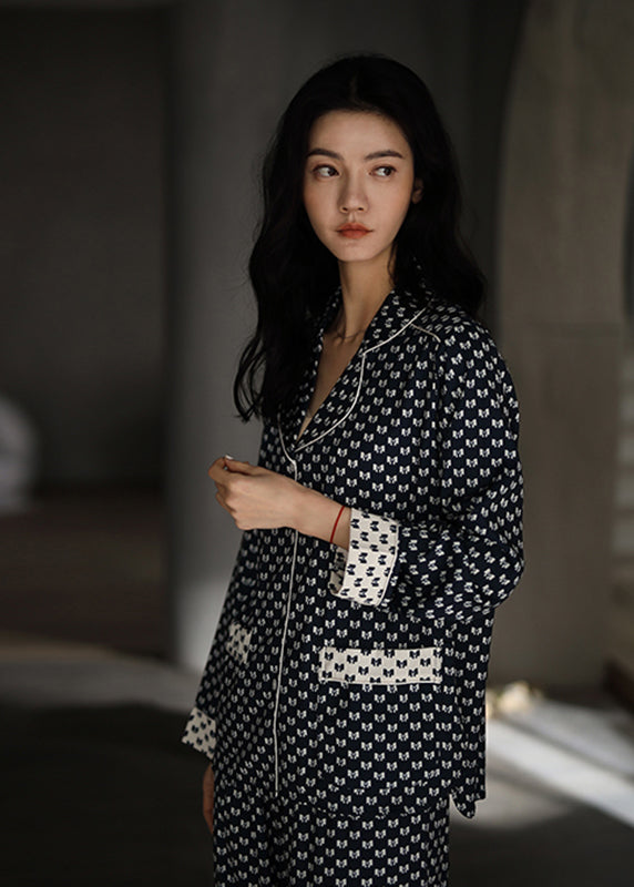 Elegant Peter Pan Collar Dot Button Ice Silk Pajamas Two Pieces Set Long Sleeve LY2819 - fabuloryshop