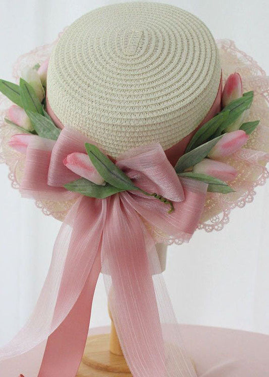 Elegant Pink Bow Lace Patchwork Straw Woven Cloche Hat LC0556