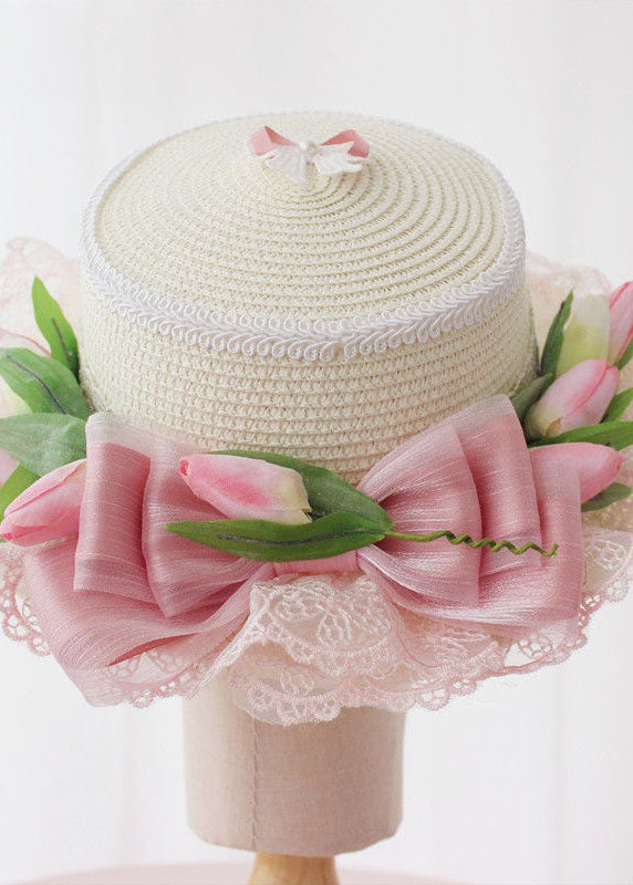 Elegant Pink Bow Lace Patchwork Straw Woven Cloche Hat LC0556 - fabuloryshop
