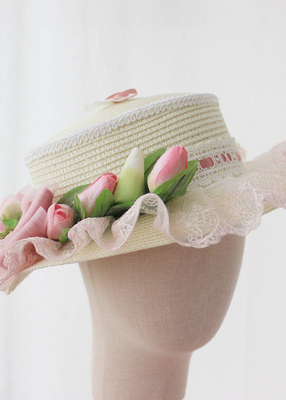 Elegant Pink Bow Lace Patchwork Straw Woven Cloche Hat LC0556 - fabuloryshop