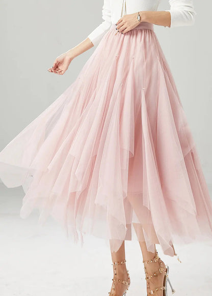 Elegant Pink Elastic Waist Exra Large Hem Tulle Skirts Fall Ada Fashion