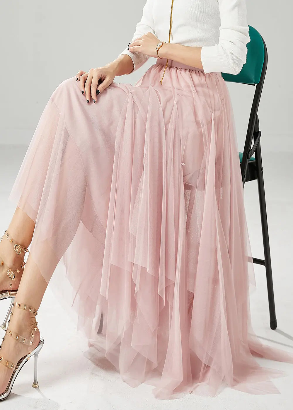 Elegant Pink Elastic Waist Exra Large Hem Tulle Skirts Fall Ada Fashion