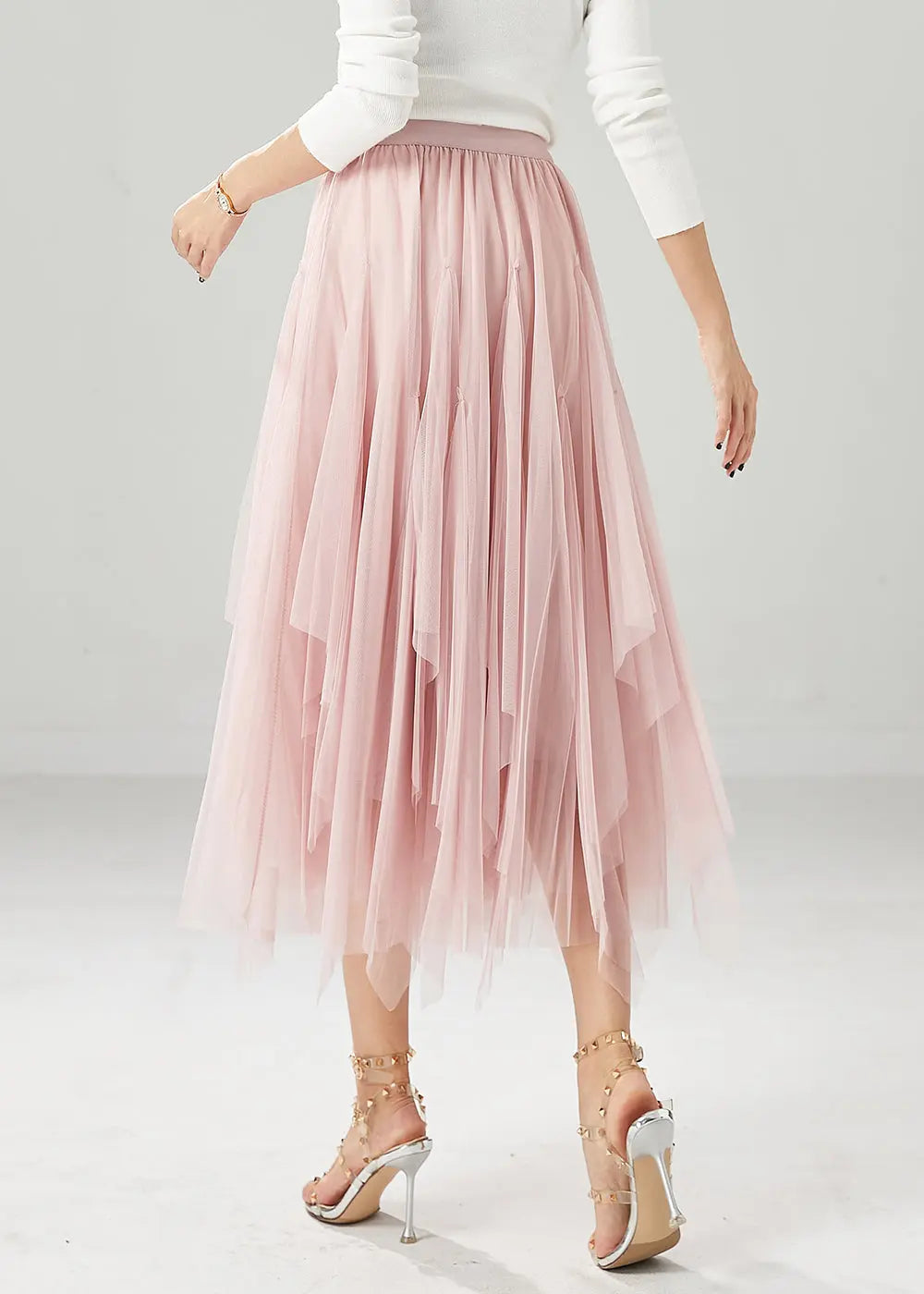 Elegant Pink Elastic Waist Exra Large Hem Tulle Skirts Fall Ada Fashion