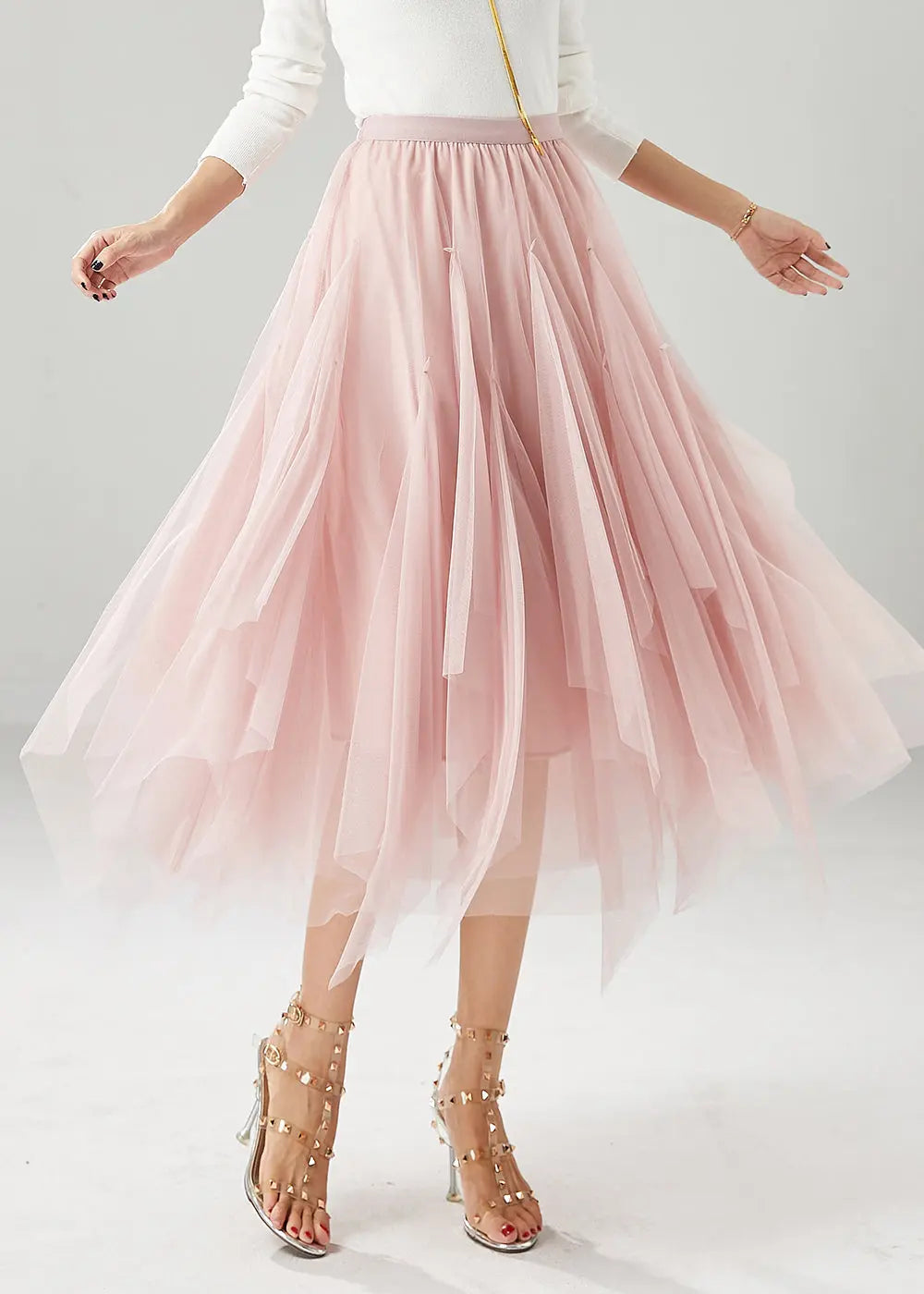 Elegant Pink Elastic Waist Exra Large Hem Tulle Skirts Fall Ada Fashion