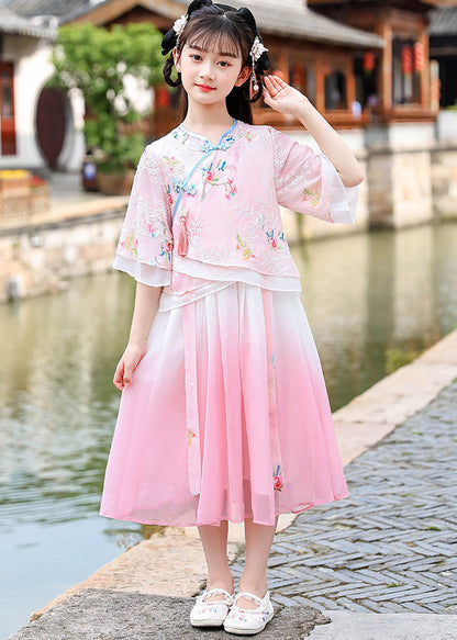 Elegant Pink Embroideried Patchwork Tassel Chiffon Girls Long Dresses Short Sleeve Ada Fashion