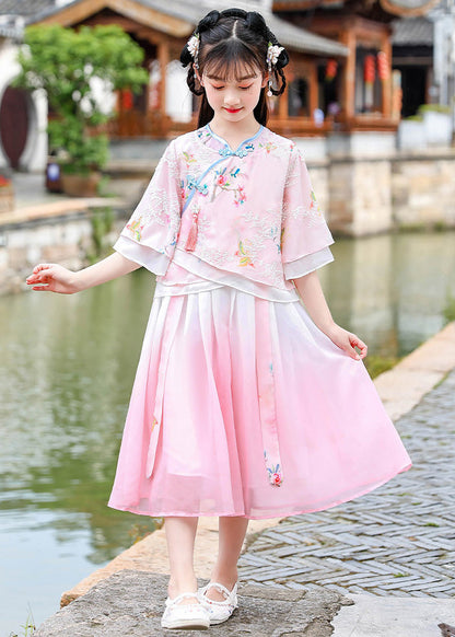 Elegant Pink Embroideried Patchwork Tassel Chiffon Girls Long Dresses Short Sleeve Ada Fashion