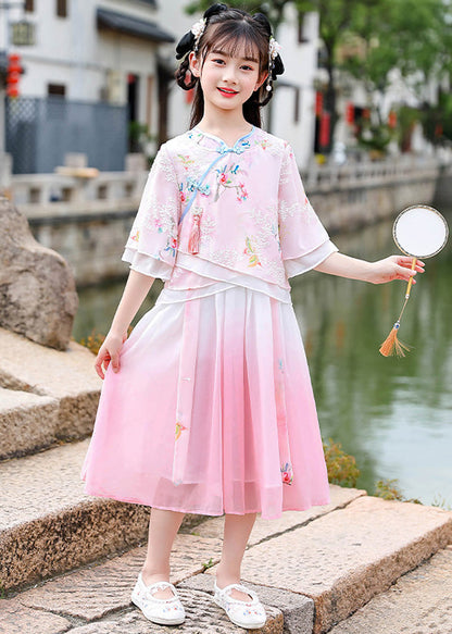 Elegant Pink Embroideried Patchwork Tassel Chiffon Girls Long Dresses Short Sleeve Ada Fashion