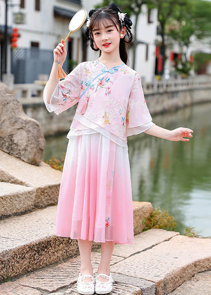 Elegant Pink Embroideried Patchwork Tassel Chiffon Girls Long Dresses Short Sleeve Ada Fashion