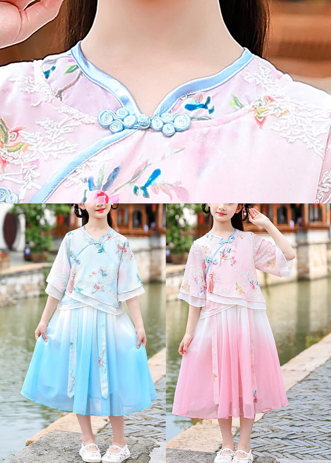 Elegant Pink Embroideried Patchwork Tassel Chiffon Girls Long Dresses Short Sleeve Ada Fashion