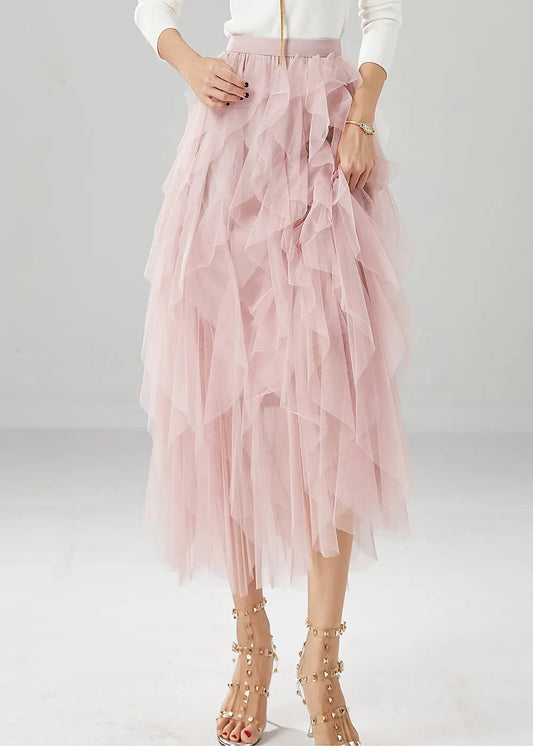 Elegant Pink High Waist Ruffles Tulle Skirt Summer Ada Fashion