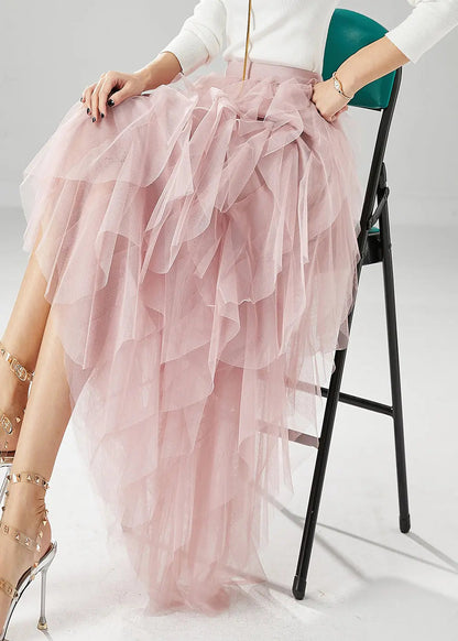 Elegant Pink High Waist Ruffles Tulle Skirt Summer Ada Fashion