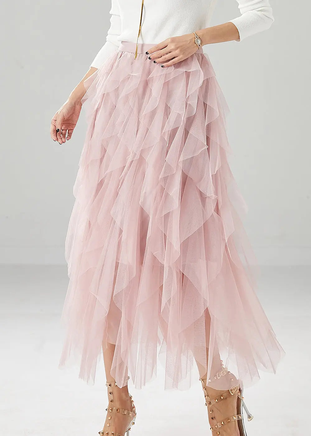 Elegant Pink High Waist Ruffles Tulle Skirt Summer Ada Fashion