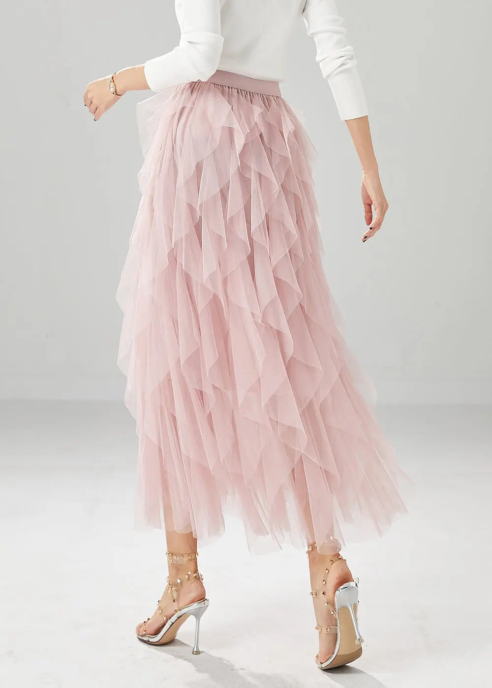 Elegant Pink High Waist Ruffles Tulle Skirt Summer Ada Fashion