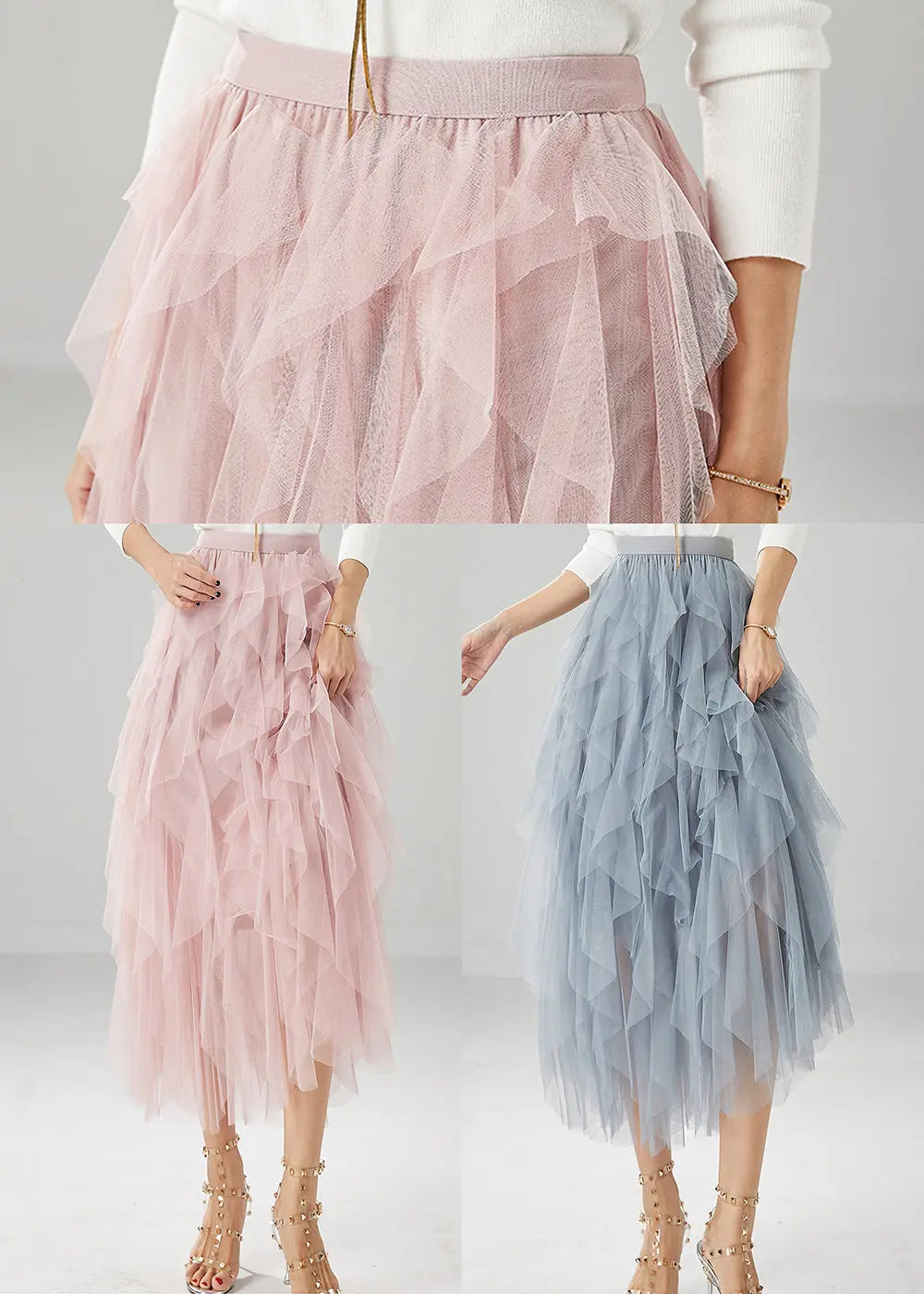 Elegant Pink High Waist Ruffles Tulle Skirt Summer Ada Fashion