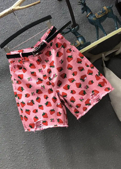 Elegant Pink High Waist Strawberry Print Patchwork Half Straight Pants Ada Fashion