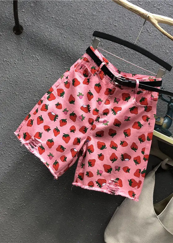 Elegant Pink High Waist Strawberry Print Patchwork Half Straight Pants Ada Fashion