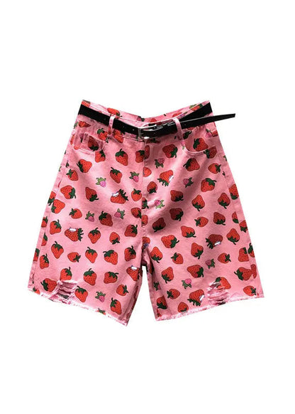 Elegant Pink High Waist Strawberry Print Patchwork Half Straight Pants Ada Fashion