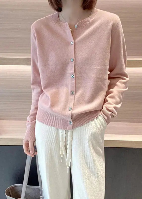 Elegant Pink O Neck Button Patchwork Knit Coats Long Sleeve Ada Fashion