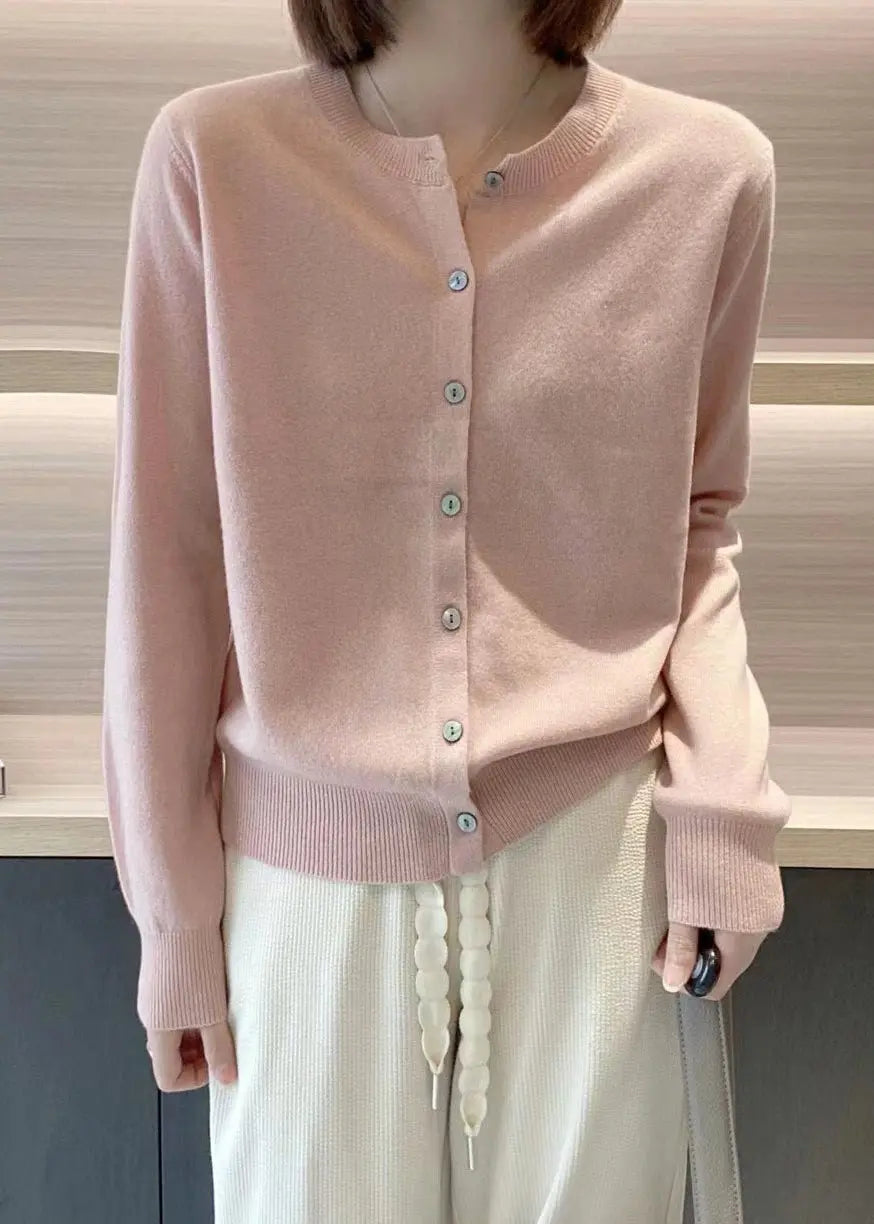 Elegant Pink O Neck Button Patchwork Knit Coats Long Sleeve Ada Fashion