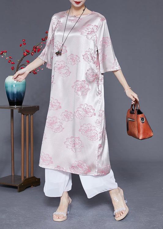 Elegant Pink O-Neck Print Tassel Silk Long Dress Half Sleeve LY1832 - fabuloryshop