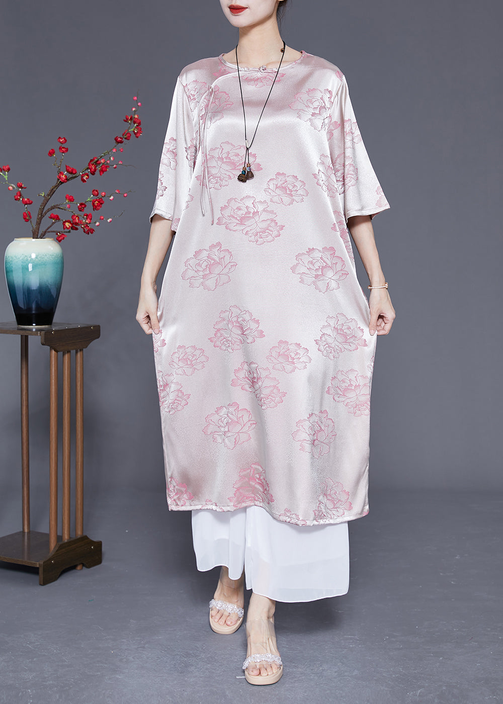 Elegant Pink O-Neck Print Tassel Silk Long Dress Half Sleeve LY1832 - fabuloryshop