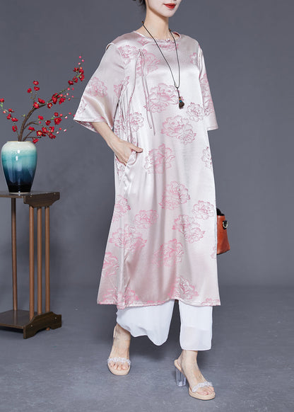 Elegant Pink O-Neck Print Tassel Silk Long Dress Half Sleeve LY1832 - fabuloryshop