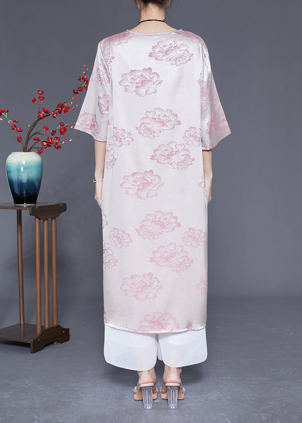 Elegant Pink O-Neck Print Tassel Silk Long Dress Half Sleeve LY1832 - fabuloryshop