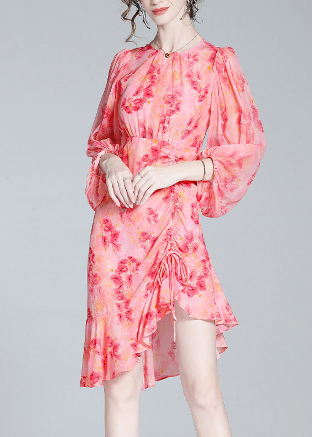 Elegant Pink O-Neck Print Tunic Slim Vacation Long Dresses Lantern Sleeve LY0731 - fabuloryshop