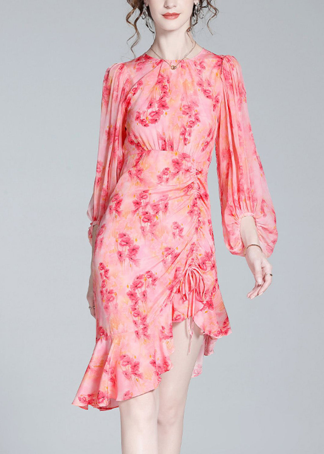 Elegant Pink O-Neck Print Tunic Slim Vacation Long Dresses Lantern Sleeve AC3037 - fabuloryshop