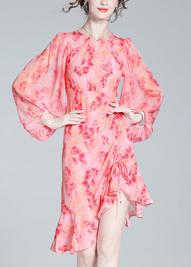 Elegant Pink O-Neck Print Tunic Slim Vacation Long Dresses Lantern Sleeve LY0731