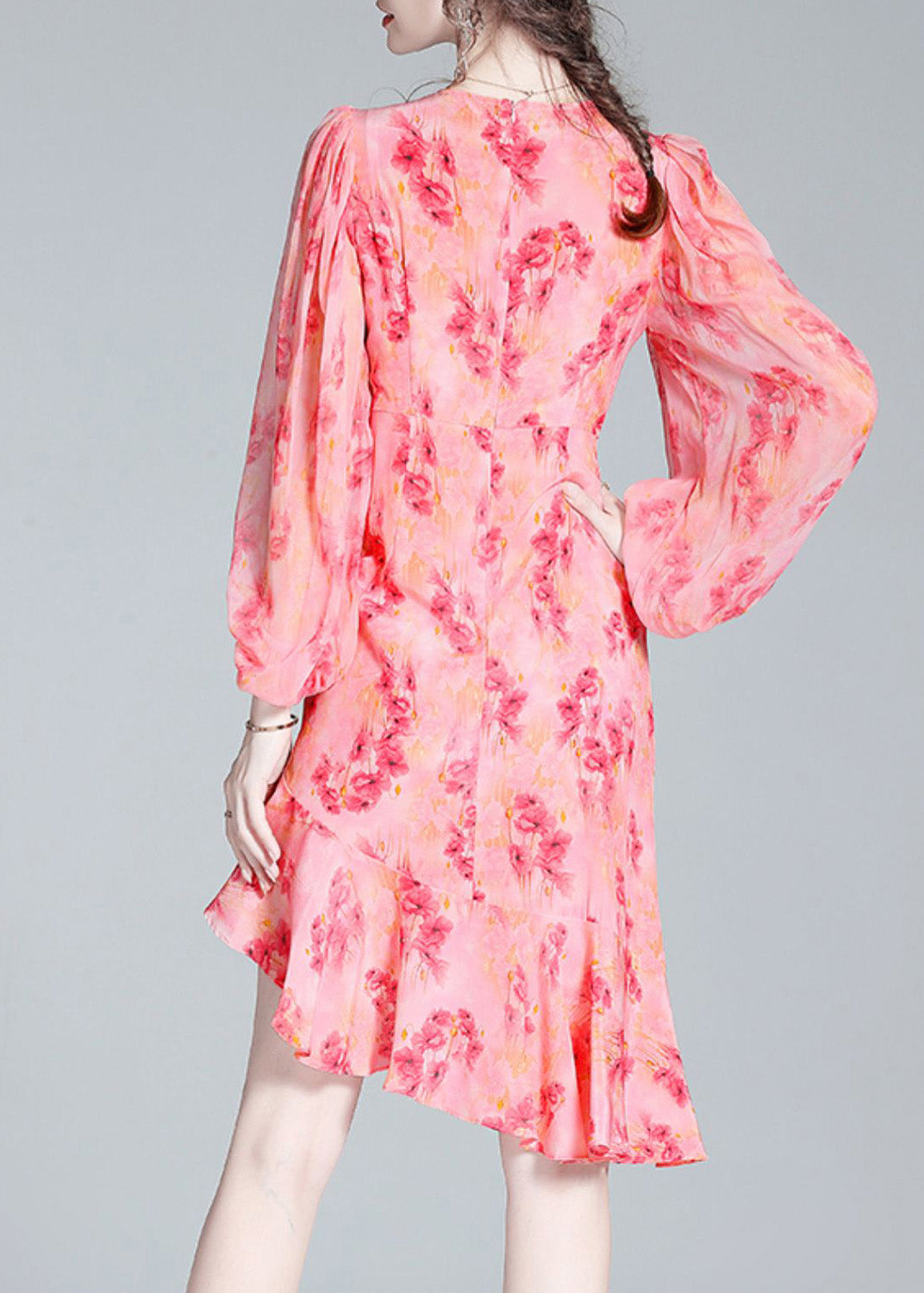 Elegant Pink O-Neck Print Tunic Slim Vacation Long Dresses Lantern Sleeve AC3037