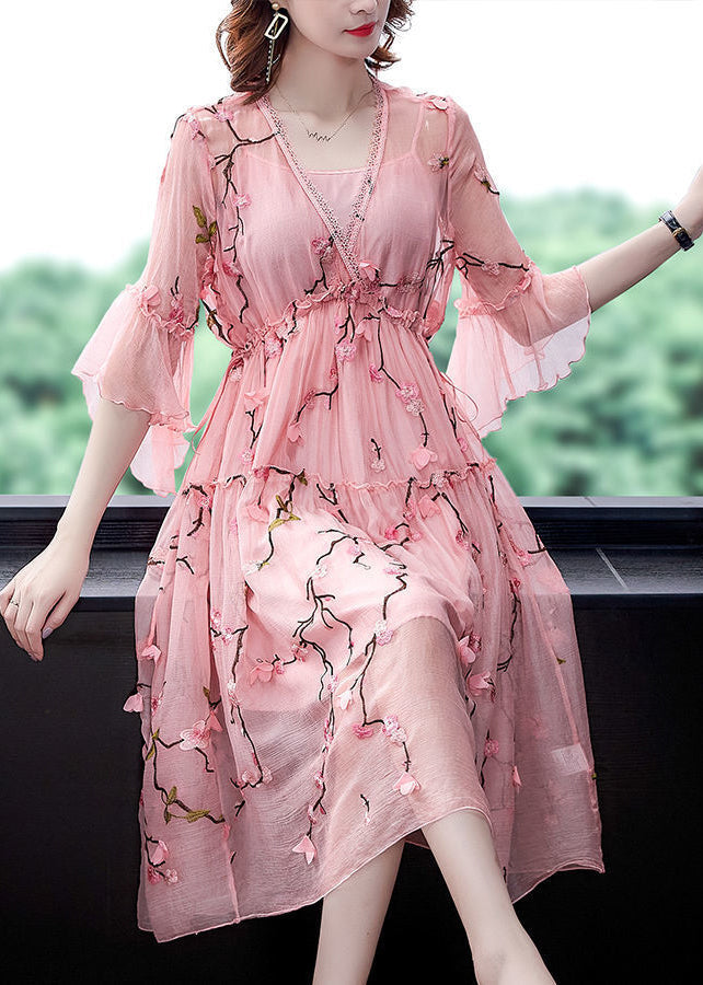Elegant Pink Ruffled Embroideried ChiffonSilk Maxi Dresses Flare Sleeve LY0523